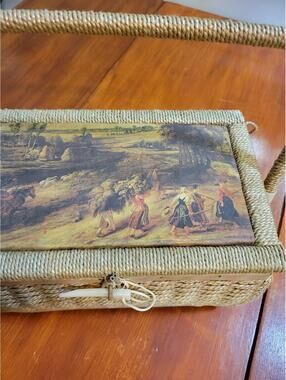 Vintage Wicker Sewing Basket with Fabric Lid Insert 12 x 8 x 6.5 inches